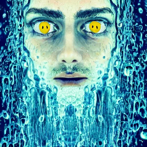 Image similar to three eyed hairy, third eye in middle of forehead, wide wide shot, photograph, wet hairy bodies, wet feet in water, bodies, soft colors, wet eye in forehead, pins, very detailed, wet eyes reflecting into eyes reflecting into infinity, beautiful lighting