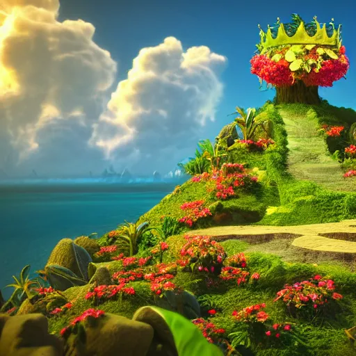 Image similar to Mother Nature with a crown made of flowers towering over a tropical island, Dramatic Lighting, Trending on Artstation HQ, 4K, UHD.