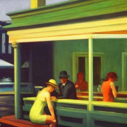 Prompt: idyllic cannabis in a pot, australian beach cafe bleached colors by edward hopper