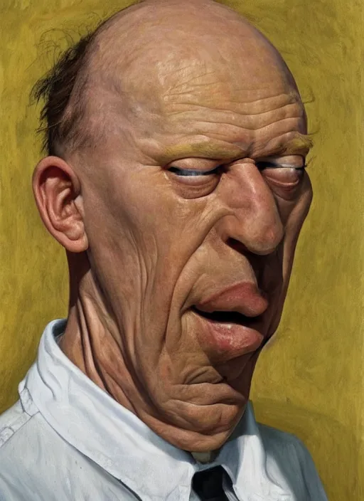 Image similar to Real life Homer Simpson, deceased, painted by Lucian Freud, highly detailed, 8k