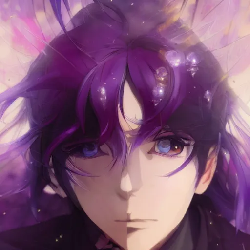 Prompt: beautiful anime ( ( ( ( shion ) ) ) ) with purple hair, ( ( horn ) ) ( ( ( ponytail ) ) ) ( purple eyes ), a purple tuxedo, sharp focus, intricate, cell shaded, award winning photography, cinematic, digital painting, cinematic, wlop, 8 k, by ross tran, tom bagshaw