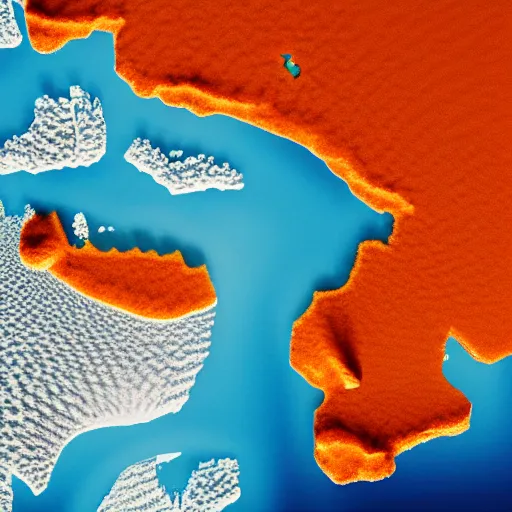 Image similar to top down view of map of country iceland made out of ice, accurate map, surrounded by ocean made out of hot orange lava, realistic