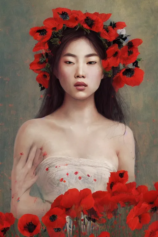 Prompt: Master portrait painting of a beautiful asian girl with freckles, wearing a flower headpiece made of red poppies, long fabric flowing no the background, long flowy hair, surrounded by big flowers, porcelain skin, cinematic lighting, photo realistic, highly detailed, maya, digital painting, artstation, concept art, sharp focus, illustration, by Mucha