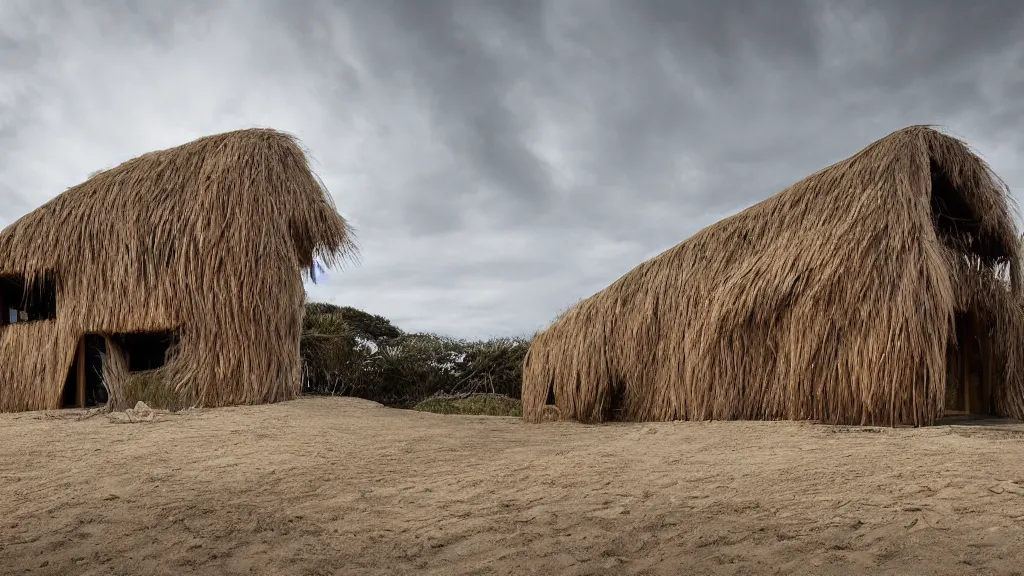 Prompt: architectural photography of a house made of driftwood, natural and organic and flowing, on the coast, wide angle, shot from a low angle, great lighting, cinematic. inhabited by a family of anthropomorphic capybaras.