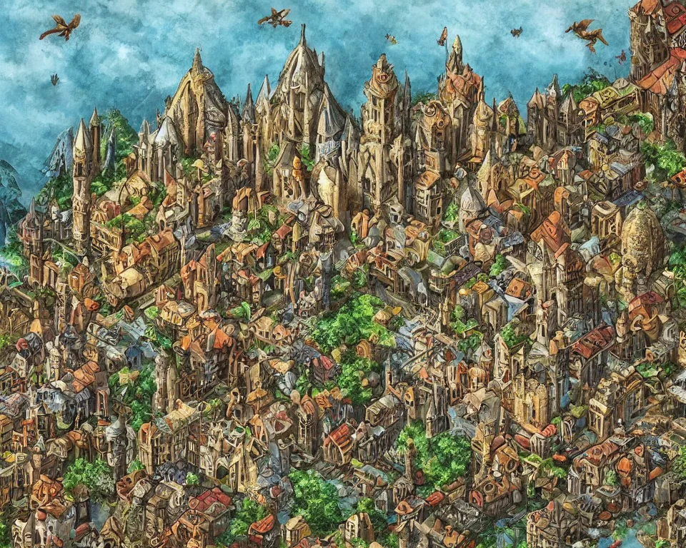 Image similar to medieval fae city, magical, faerie, fanciful