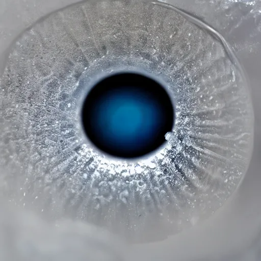 Image similar to An eye gazing through a transparent sheet of frosted ice, XF IQ4, f/1.4, ISO 200, 1/160s, 8K, RAW, unedited, symmetrical balance, in-frame