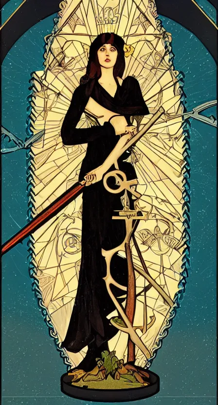 Prompt: a tarot card of death with a scythe, standing on a pile of bones. illustrated in an art deco style by tamara de lempika and an elegant border by alphonse mucha. | studio lighting | digital painting, stunning lighting, trending on artstation