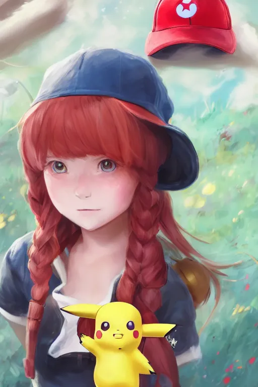 Red haired female pokémon trainer in a flower field high definition anime  style profile picture