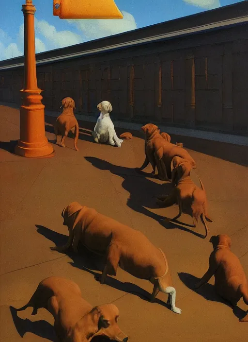 Prompt: crowd of dogs with recovery cones Edward Hopper and James Gilleard, Zdzislaw Beksinski highly detailed