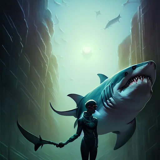 Image similar to professional ominous concept art portrait of a shark - human chimera character by artgerm and greg rutkowski. an intricate, elegant, highly detailed digital painting, concept art, smooth, sharp focus, illustration, in the style of simon stalenhag, wayne barlowe, and igor kieryluk.