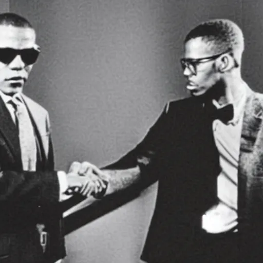 Image similar to vintage photograph of hunter s. thompson and malcolm x shaking hands with each other, very detailed, very intricate,