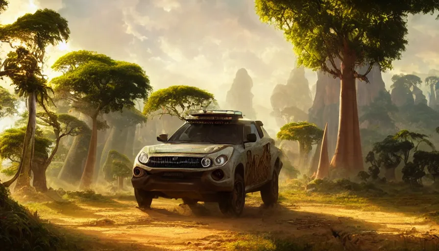 Prompt: mahindra that driving through madagascar road with baobabs trees, animals running along, artgerm and greg rutkowski and alphonse mucha, an epic fantasy, volumetric light, detailed, establishing shot, an epic fantasy, trending on art station, octane render, midsommar