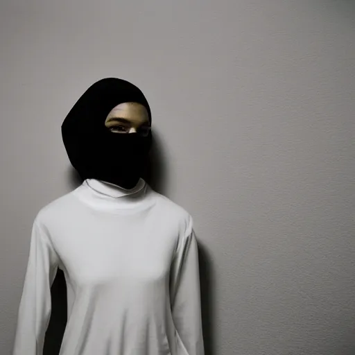 Image similar to realistic photoshooting for a new balenciaga lookbook, color film photography, portrait of a beautiful woman, model is wearing a balaclava mask, in style of tyler mitchell, 3 5 mm,