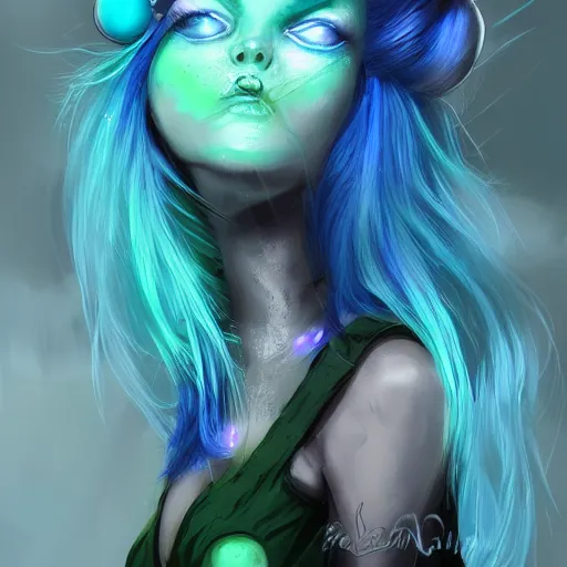 Image similar to Elf girl with blue skin, alien skin, blue elf, blue, blue-skinned elf, green hair, glam hair, hairspray, big hair, wild hair, 80s hair, glam make-up, 80s, illustration, fantasy art, trending on ArtStation, 1980s fantasy art