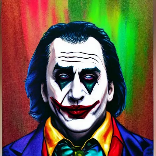 Image similar to nic cage as the joker, buff, painted portrait, highly detailed,
