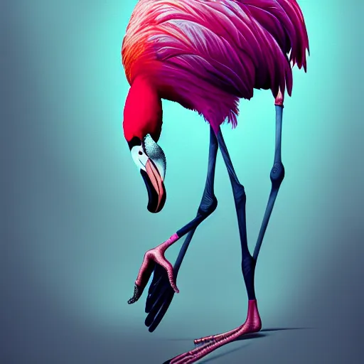 Image similar to developing into a feathered flamingo, covered in feathers, wings, flight, surreal, fantasy, intricate, surgeon, doctor, operation theater, elegant, dramatic lighting, emotional, symbolic metaphor, highly detailed, lifelike, photorealistic, digital painting, artstation, concept art, sharp focus, illustration