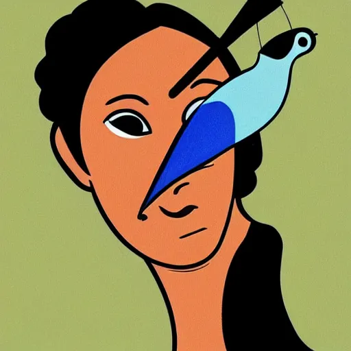 Image similar to A beautiful illustration of a human face with a bird's beak protruding from the forehead. by Genndy Tartakovsky graceful