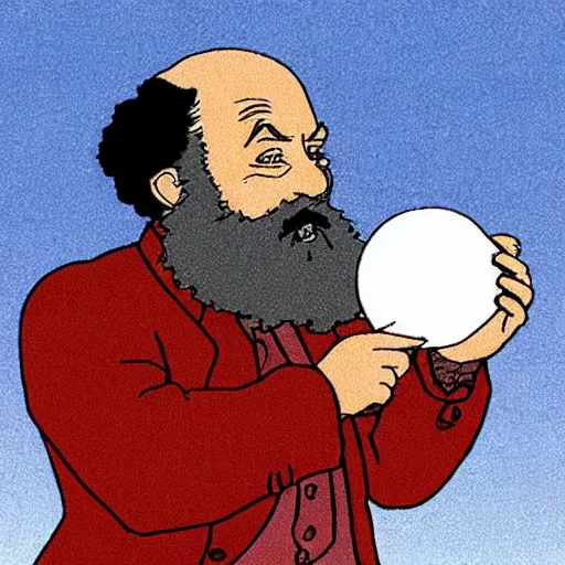 Prompt: Karl Marx pondering his orb, studio ghibli