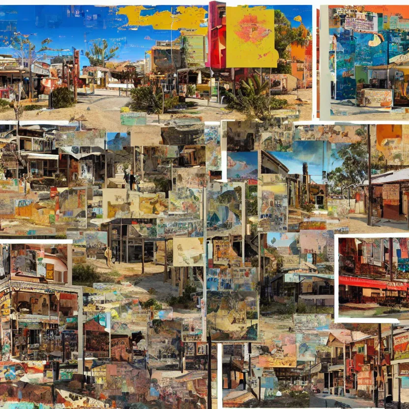 Prompt: collage of a small town in the outback, concept art, aesthetically pleasing natural colors, art by mimmo rotella, collage