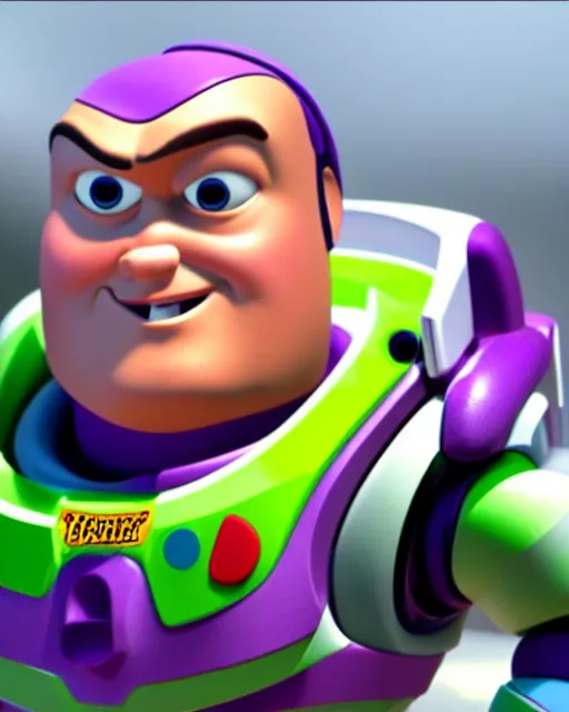 Prompt: Film still close-up shot of Jack black as Buzz Lightyear in the movie Toy Story 3. Photographic, photography