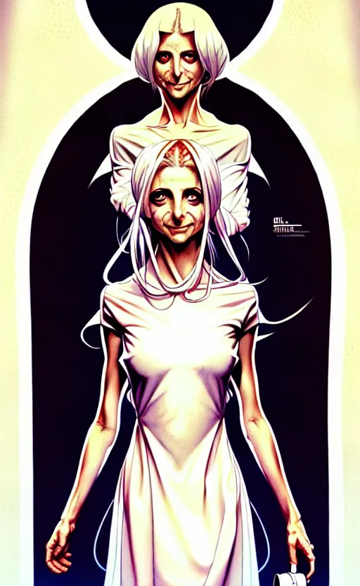 Image similar to artgerm, joshua middleton comic cover art, pretty ghost sarah michelle gellar entire full body, floating, creepy smile, white dress, friendly, symmetrical eyes, symmetrical face, long white hair, inside haunted house