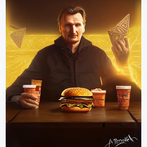 Prompt: portrait of Liam Neeson eating hamburgers, extra toppings, luscious patty with sesame seeds, feminine ethereal, holy sacred light rays, volumetric light, D&D, fantasy, intricate, elegant, highly detailed, digital painting, artstation, concept art, matte, sharp focus, illustration, hearthstone, art by Artgerm and Greg Rutkowski and Alphonse Mucha