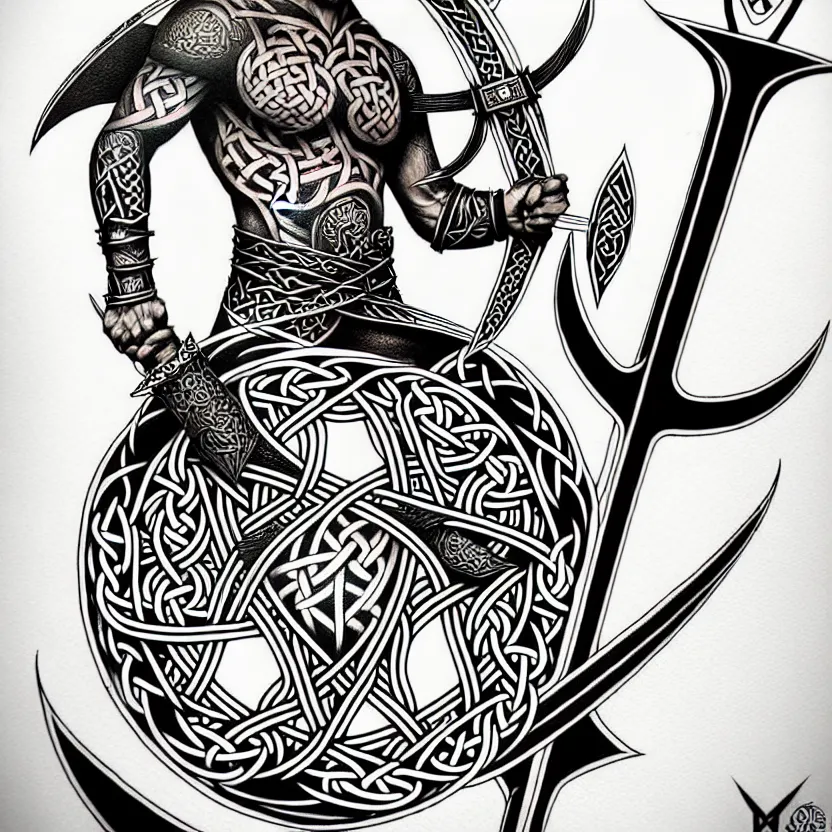 Image similar to shaded tattoo design, minimalist, knotwork with center viking warrior, extremely detailed, bold line art, by vincent di fate and joe fenton and artgerm, holding shield and sword, centered, inking, etching, screen print, inkblots of color, masterpiece, trending on artstation, sharp, high contrast, hyper realistic, hd, 4 k, 8 k