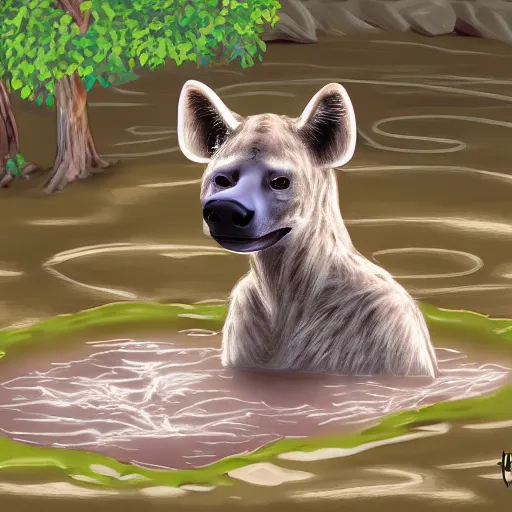 Prompt: A female anthropomorphic hyena at a hot spring, digital art