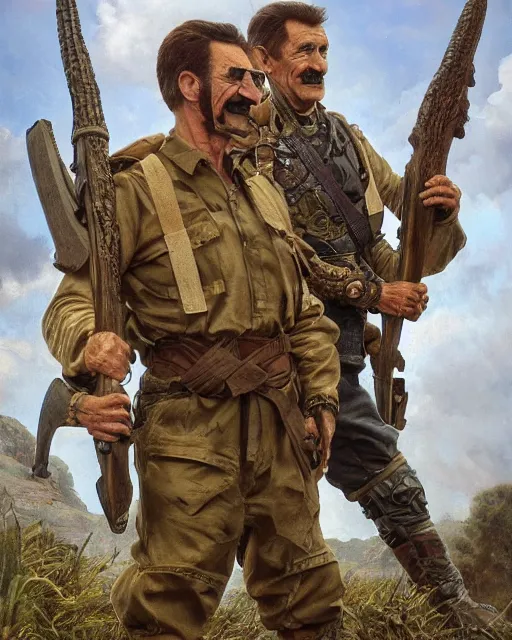 Prompt: full body 8 k photo of paul chuckle standing next to barry chuckle dressed as sas soldiers holding battle - axes, intricate, elegant, highly detailed, cinestill, digital painting, artstation, led dramatic lighting, sharp focus, by da vinci, artgerm and greg rutkowski and alphonse mucha