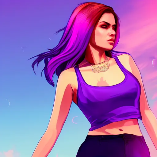 Image similar to a stunning GTA V loading screen with a beautiful woman with ombre hairstyle in purple and pink blowing in the wind leaning on a car, digital art, trending on artstation