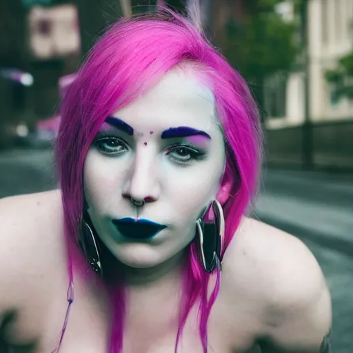 Prompt: a woman with pink hair, purple eyebrows, and a septum ring, editorial photography