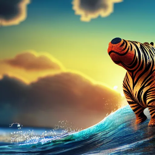 Image similar to a closeup photorealistic photograph of a cute smiling knitted tiger hippopotamus riding a large wave at sunset. surf in background. professional capture. brightly lit scene. this 4 k hd image is trending on artstation, featured on behance, well - rendered, extra crisp, features intricate detail, epic composition and the style of unreal engine.