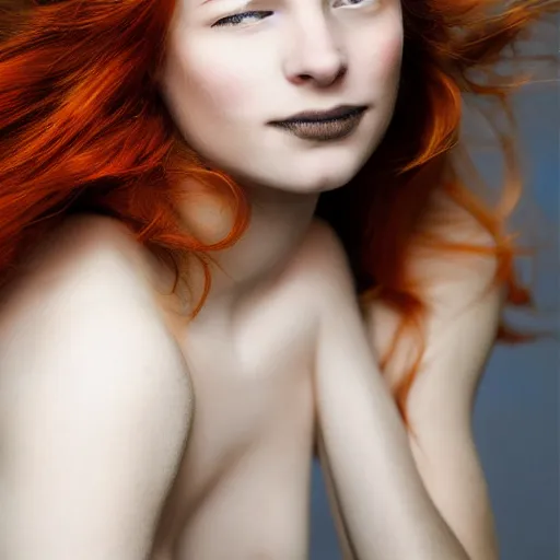 Image similar to Fine art photo of the most beautiful woman, she is redhead, she is posing while maintain a sweet eye contact to the camera, she has a crown of flowers, she has perfect white teeths, she is getting ulluminated by the rays of the sunset, the photo was taking by Annie Leibovitz, Ellie Victoria Gale, Steve McCurry, matte painting, oil painting, naturalism, 4k, 8k