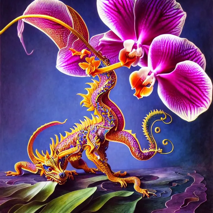 Image similar to psychedelic orchid dragon made of orchid, diffuse lighting, fantasy, intricate, elegant, highly detailed, lifelike, photorealistic, digital painting, artstation, illustration, concept art, smooth, sharp focus, art by John Collier and Albert Aublet and Krenz Cushart and Artem Demura and Alphonse Mucha and Giuseppe Arcimboldo