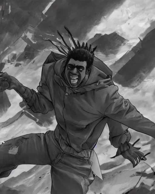 Prompt: a very detailed pencil drawing of kodak black in demon slayer manga panel, action lines, greg rutkowski, in field high resolution, dynamic pose, landscape, medium portrait, action, hyper realistic, manga, koyoharu gotouge, sakuga