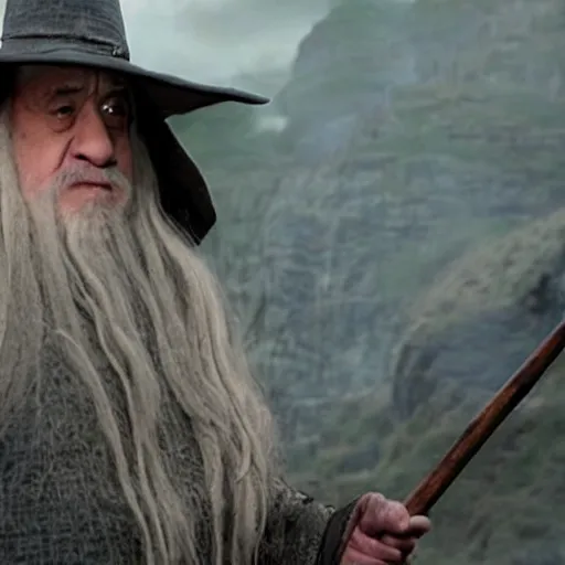 Prompt: movie still of danny devito starring as gandalf in the 2 0 2 6 lord of the rings movie, with hat, full body