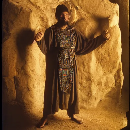 Image similar to 3 5 year old man in ancient canaanite clothing surrounded by ferocious lions. cave interior background. ektachrome photograph, volumetric lighting, f 8 aperture, cinematic eastman 5 3 8 4 film