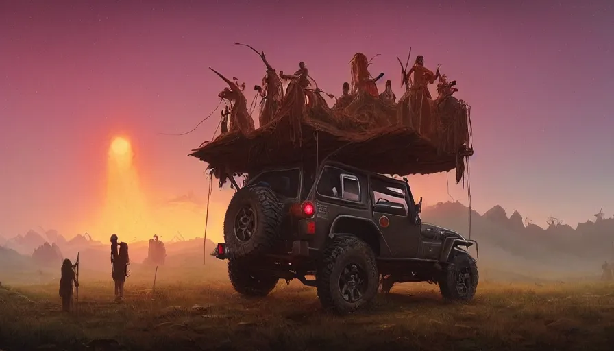 Image similar to Mahindra thar, tribe members watching nearby, an epic fantasy, dramatic lighting, cinematic, establishing shot, extremely high detail, photorealistic, cinematic lighting, artstation, by simon stalenhag, horizon forbidden west