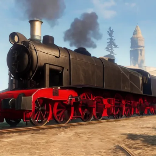 Image similar to futuristic sleek steam locomotive in red dead redemption 2