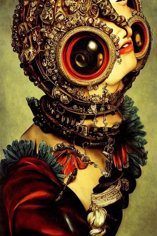 Image similar to Detailed maximalist portrait with large lips and with large, wide eyes, expressive, extra flesh and bones, HD mixed media, 3D collage, highly detailed and intricate, surreal, illustration in the style of Caravaggio, dark art, baroque