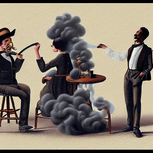 Prompt: smoke reminiscent of different color people, pipe smoke, parlor, cgsociety