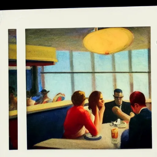 Image similar to a polaroid photo of people at a diner, Edward Hopper composition, detailed, hq, lens flare, realistic