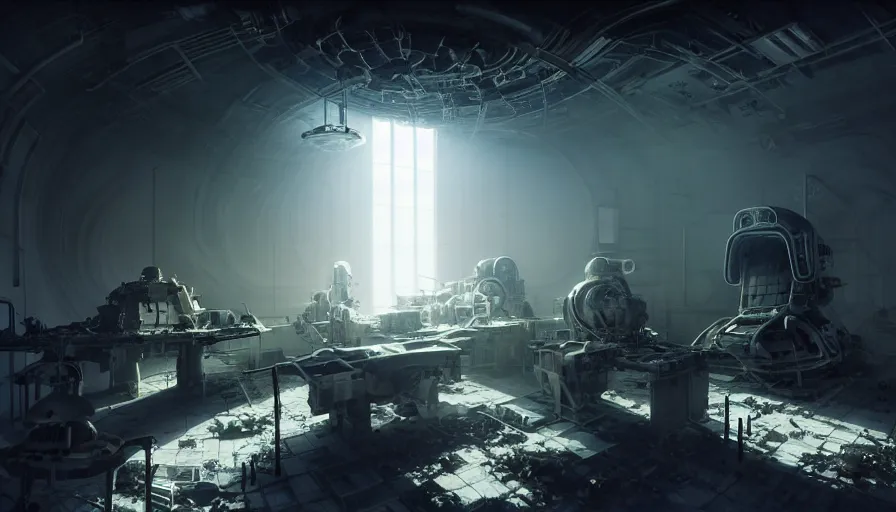 Prompt: high tech nomands exploring abandoned laboratory on moon, lunar station, space race, scifi, dark scifi, space horror, light, shadows, reflections, steam, epic composition, intricate, elegant, volumetric lighting, digital painting, highly detailed, artstation, sharp focus, illustration, concept art, ruan jia, steve mccurry