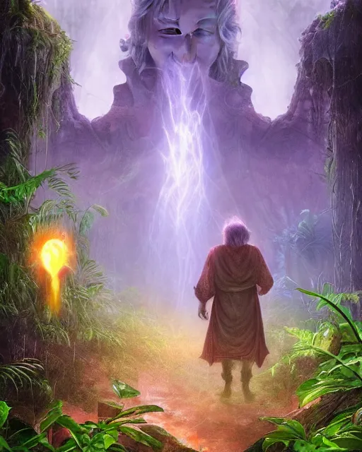 Prompt: a wise wizard walking towards a ravenous, horrific ruin of hades in a densely overgrown, magical jungle, fantasy, dreamlike sunraise, stopped in time, dreamlike light incidence, ultra realistic