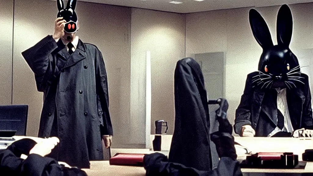 Prompt: a man in a trench coat wearing a black rabbit mask in a luxury mega corporation office , film still from the an anime directed by Katsuhiro Otomo with art direction by Salvador Dalí, wide lens