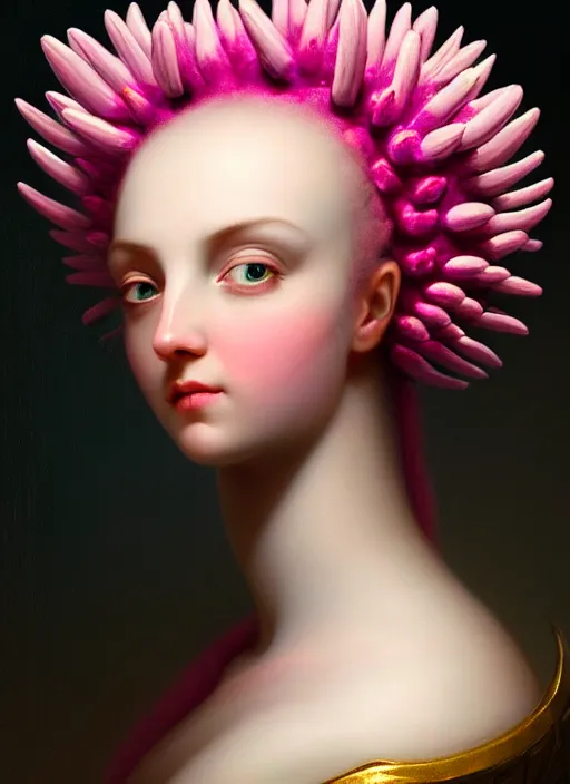 Image similar to stunning alien godess princess, detailed pink and white protea head peace against a black backdrop by ivan aivazovsky, 3 / 4 view portrait, wlop, super sharp details, photorealism, canon 5 d, 5 0 mm lens, stunning photoshot, beautiful soft lighting, muted colours, artstation