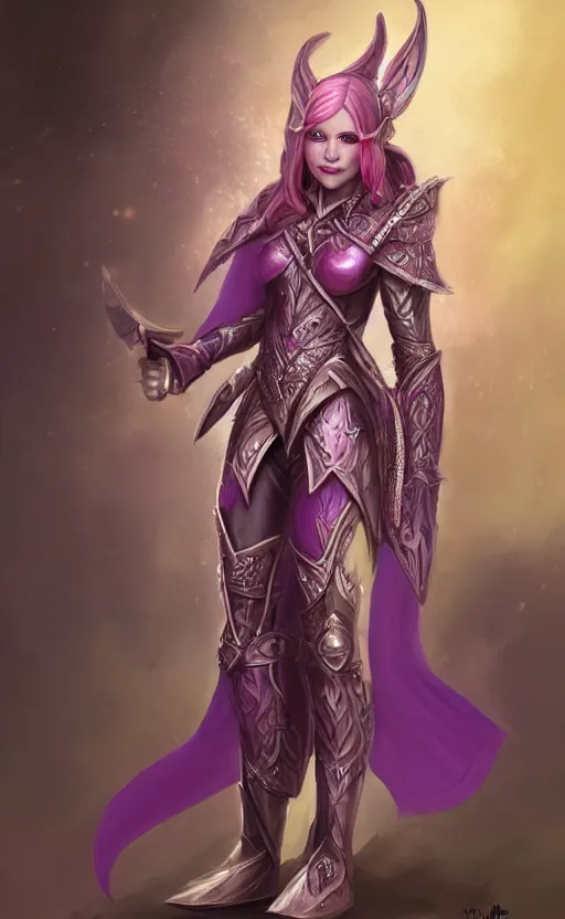 Image similar to a full body portrait of an elven woman with pink skin, and armor fit for a queen, wearing purple headphones, and smiling, dynamic lighting, photorealistic fantasy concept art, trending on art station, stunning visuals, creative, cinematic, ultra detailed