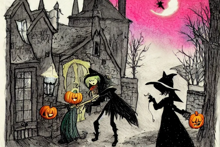 Prompt: a witch handing out candy, trick or treaters halloween night, colored pencil ink wash by scott wills and ashley wood