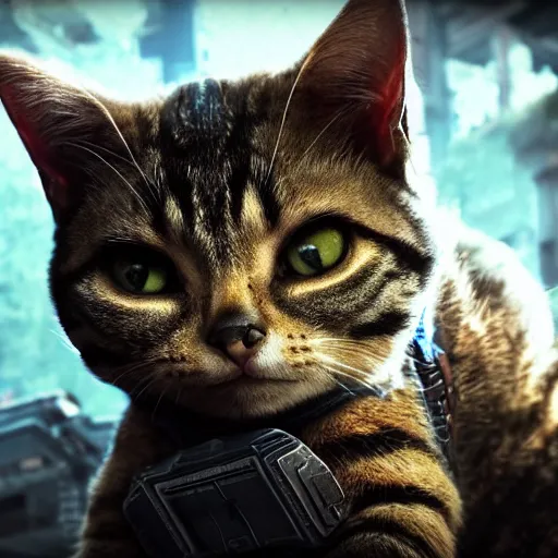 Image similar to lil bub the cat in Gears of War, splash art, movie still, cinematic lighting, dramatic, octane render, long lens, shallow depth of field, bokeh, anamorphic lens flare, 8k, hyper detailed, 35mm film grain