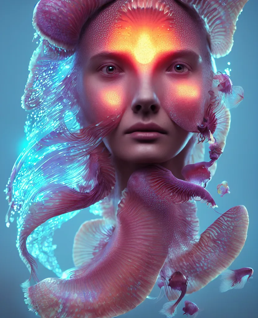 Image similar to goddess close-up portrait. jellyfish phoenix head, nautilus, orchid, skull, betta fish, bioluminiscent creatures, intricate artwork by Tooth Wu and wlop and beeple. octane render, trending on artstation, greg rutkowski very coherent symmetrical artwork. cinematic, hyper realism, high detail, octane render, 8k